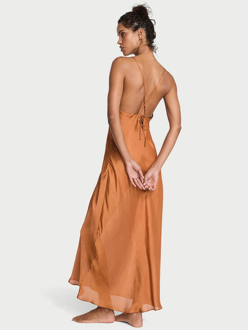 Victoria's Secret Brown Luxe Sheer Satin Long Slip Dress (L)