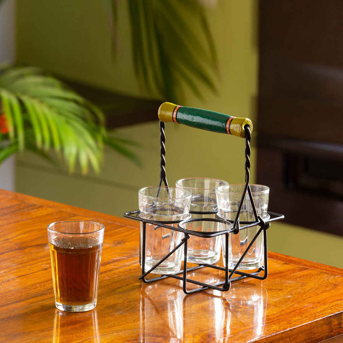 ExclusiveLane The Railway Nostalgia' Cutting Chai Tea Glasses Set With Holder (Set of 4, 120 ml)