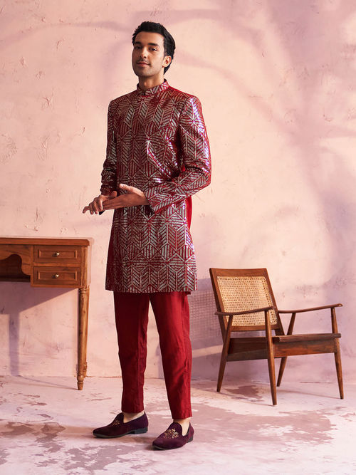 Buy Vastramay Men's Maroon Georgette Sherwani and Pyjamas (Set of