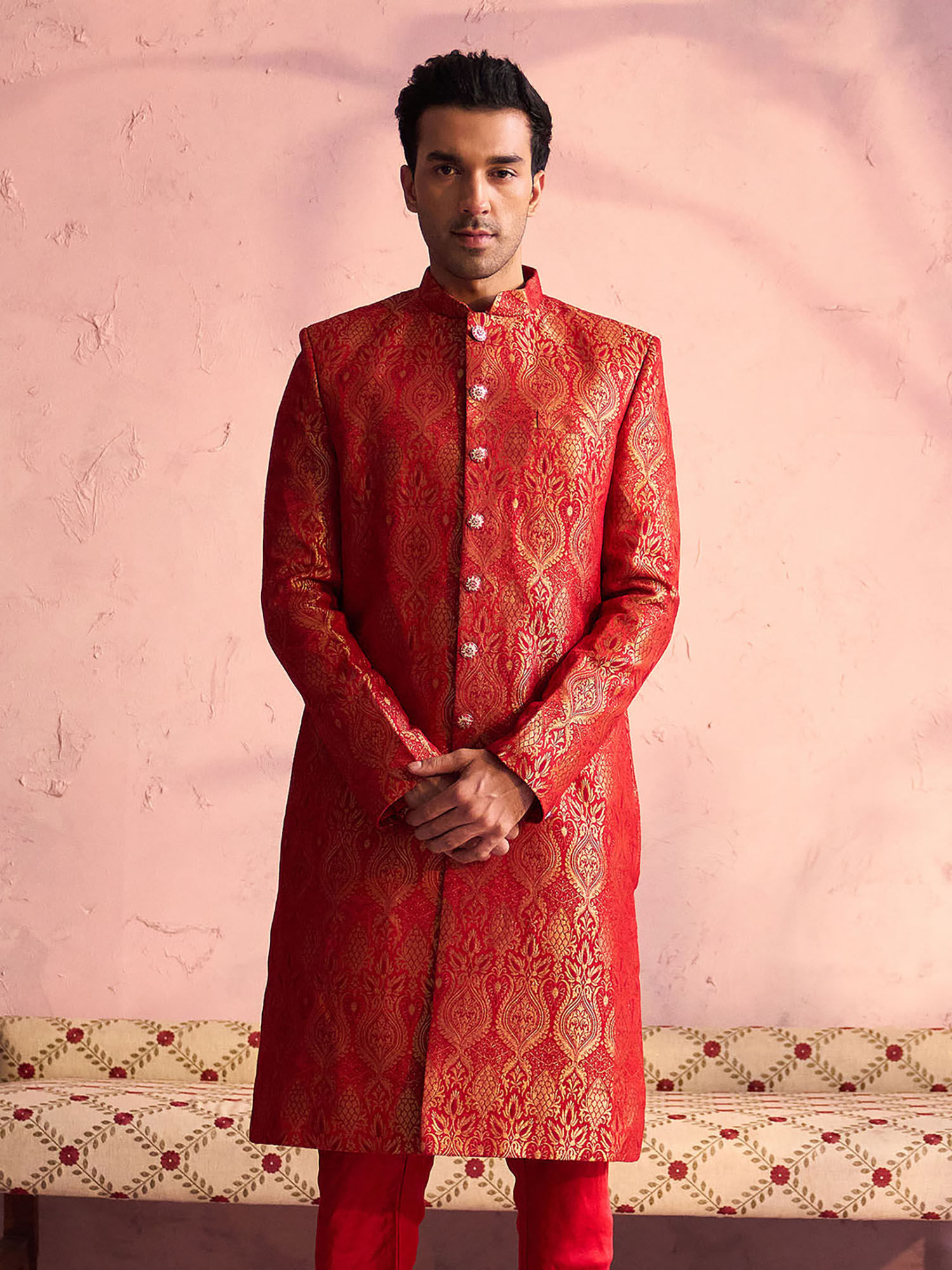 Buy Vastramay Men s Red Silk Blend Sherwani Online