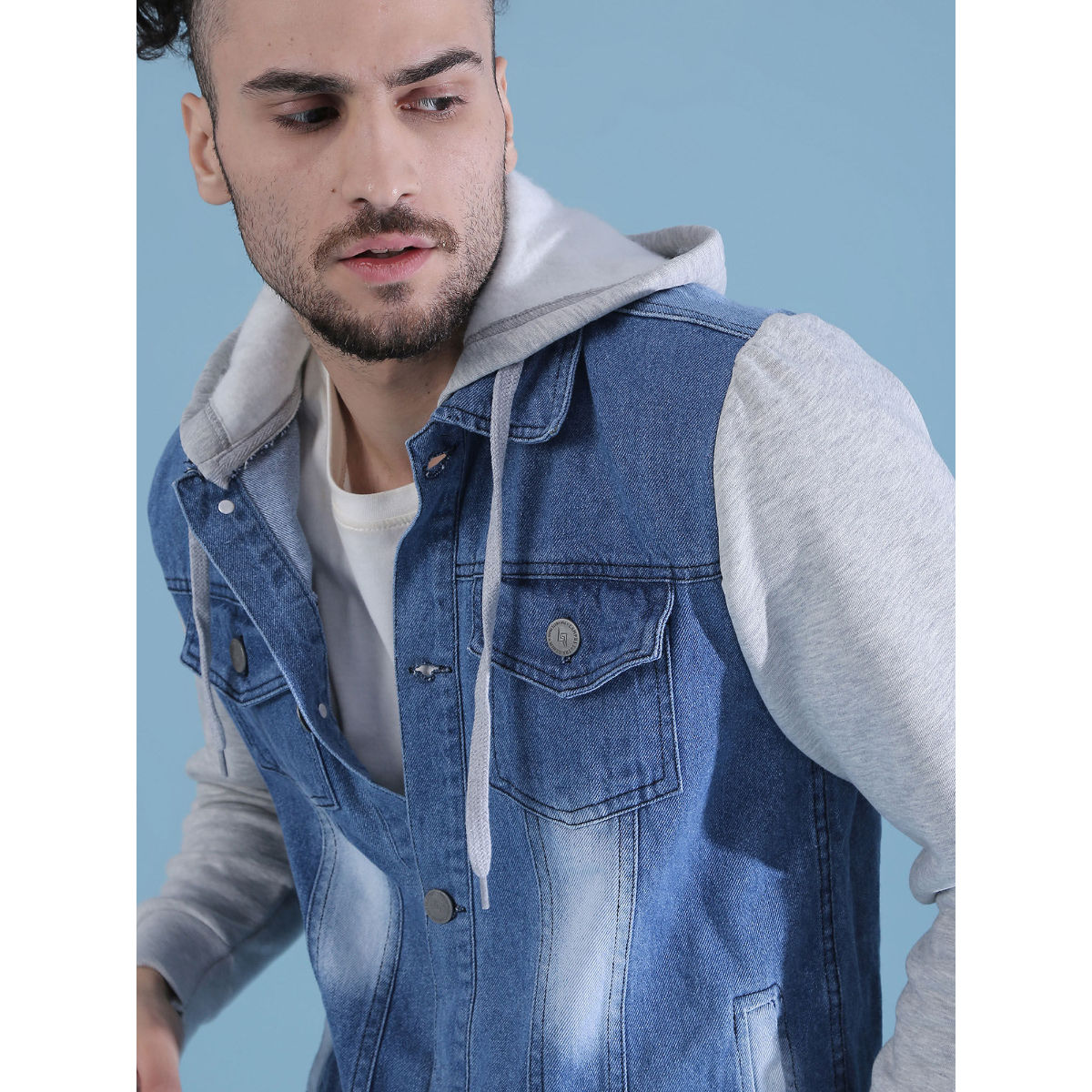 Buy Campus Sutra Men's Medium-Washed Blue & Green Regular Fit Denim Jacket  For Winter Wear | Hooded Collar | Full Sleeve | Buttoned | Casual Denim  Jacket For Man | Western Stylish