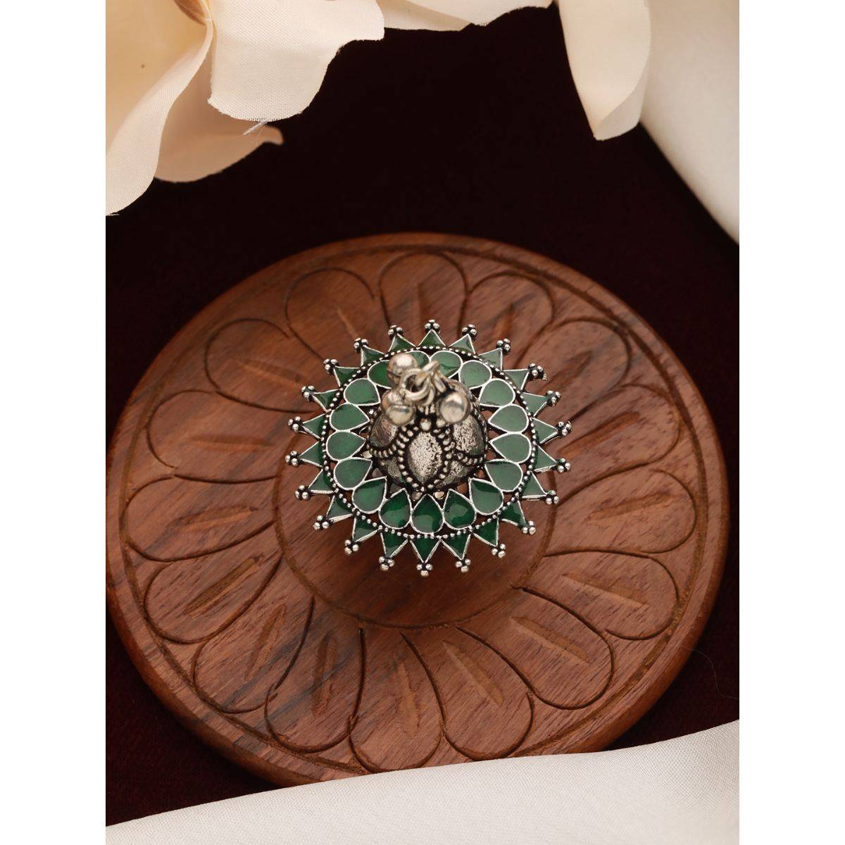 Aatmana Silver Plated Green Stone Studded& Ghungroo Finger Ring