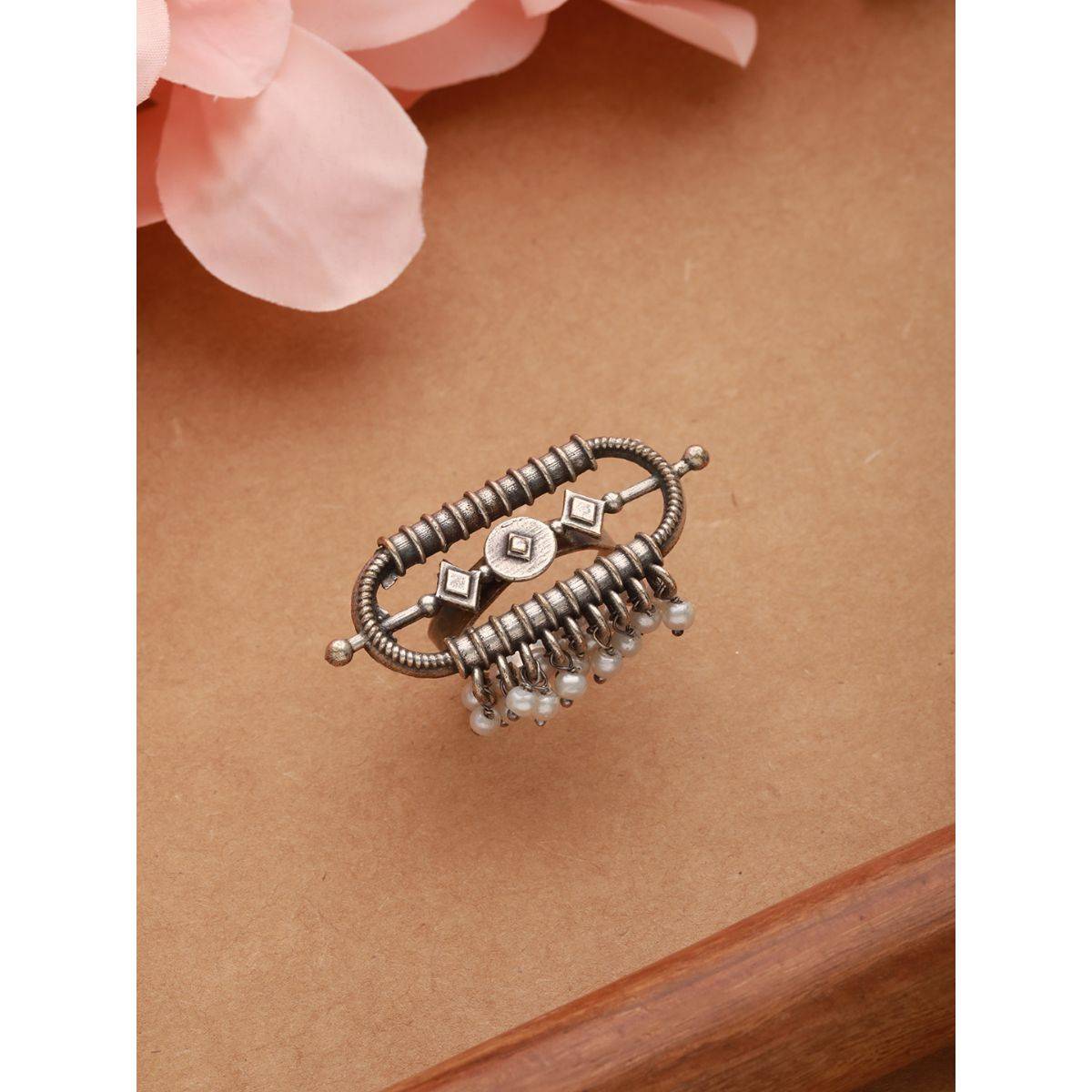 Aatmana Silver Plated & Pearl Beaded Oxidised Finger Ring