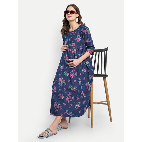 Blue Pink Denim Floral Round Neck Maternity/Feeding Short Dress - Main Image