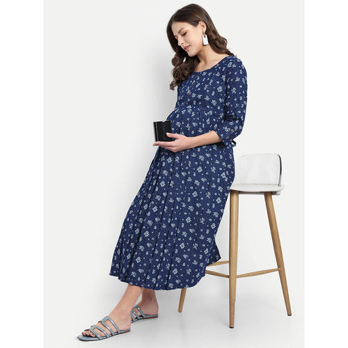 Blue Denim Floral Round Neck Maternity/Feeding Short Dress (Blue) At Nykaa, Best Beauty Products Online