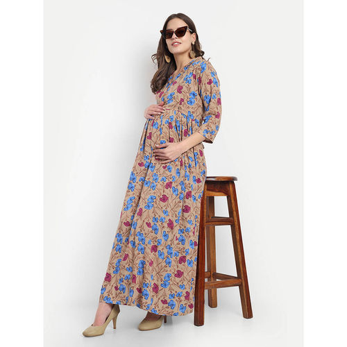 Brown Blue Rayon Floral Collared Neck Maternity/Feeding Long Dress