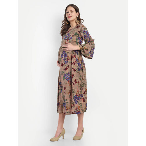 Brown Purple Rayon Floral Round Neck Maternity/Feeding Short Dress