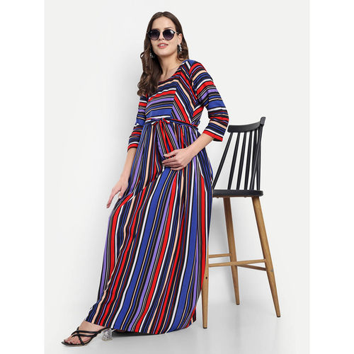 Red Black Rayon Stripes Printed Round Neck Maternity/Feeding Long Dress