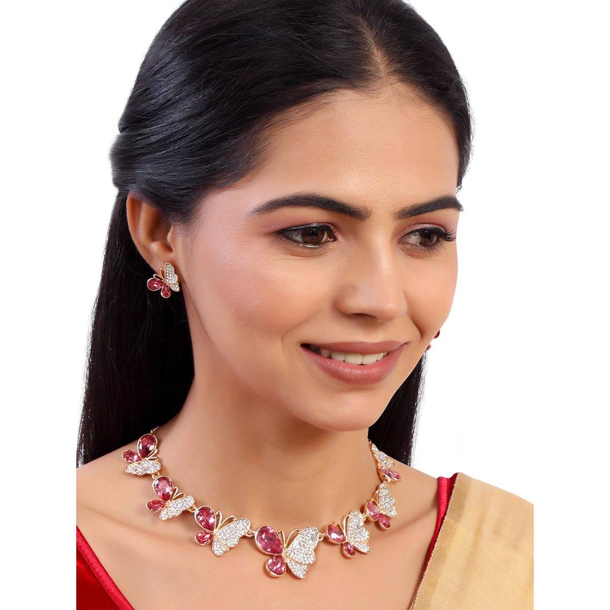 Accessher Gold Plated Butterfly Shaped Pink Rhinestones Studded Necklace Set of 2