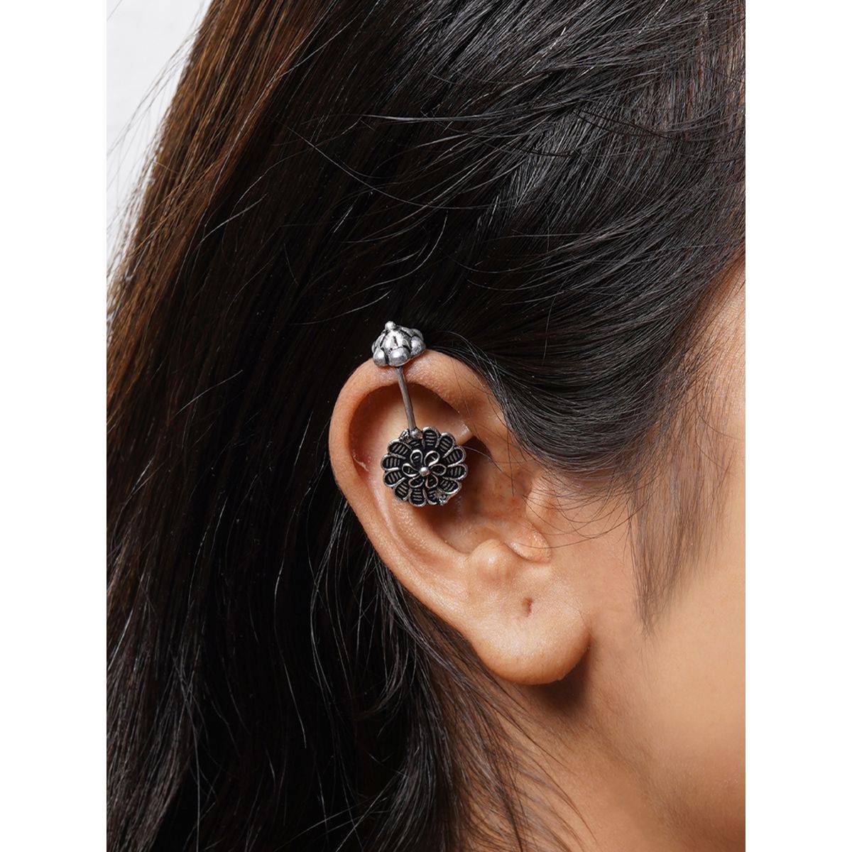 Teejh by Joker and Witch Dhruv Silver Oxidised Clip On Bugadi for Women