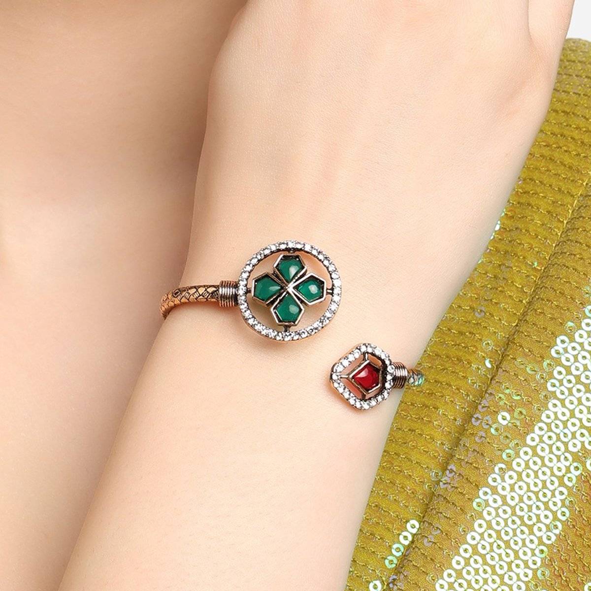 Zaveri Pearls Green & Pink AD & Stones Embellished Kada Bracelets-ZPFK16890