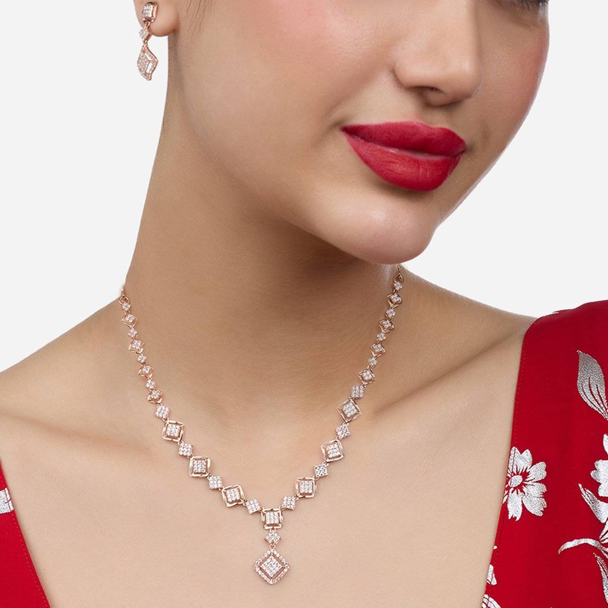 Zaveri Pearls Rose Gold Tone Cubic Zirconia Bling Jewellery Set