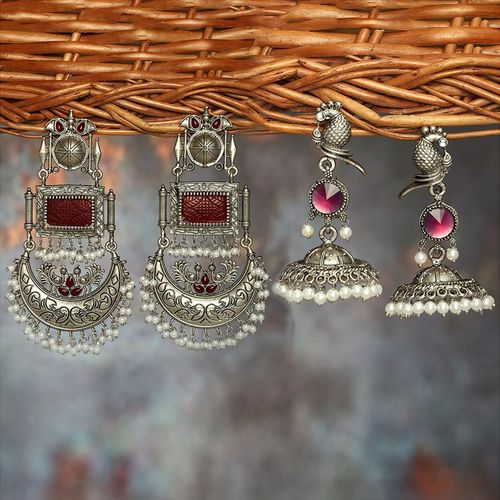 Zaveri Pearls Pack of Purple Maroon Antique Jhumki Dangler Earrings
