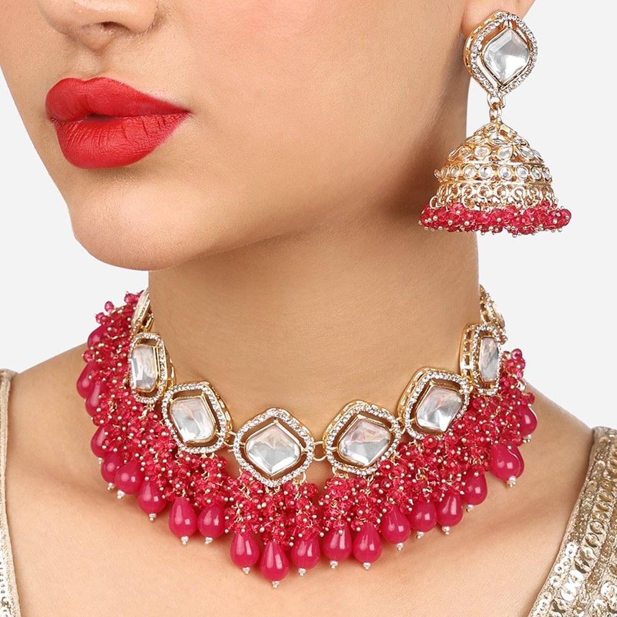 Zaveri Pearls Pink Cluster Beads Drop Stones Diamonds Necklace Earring Set - ZPFK17993