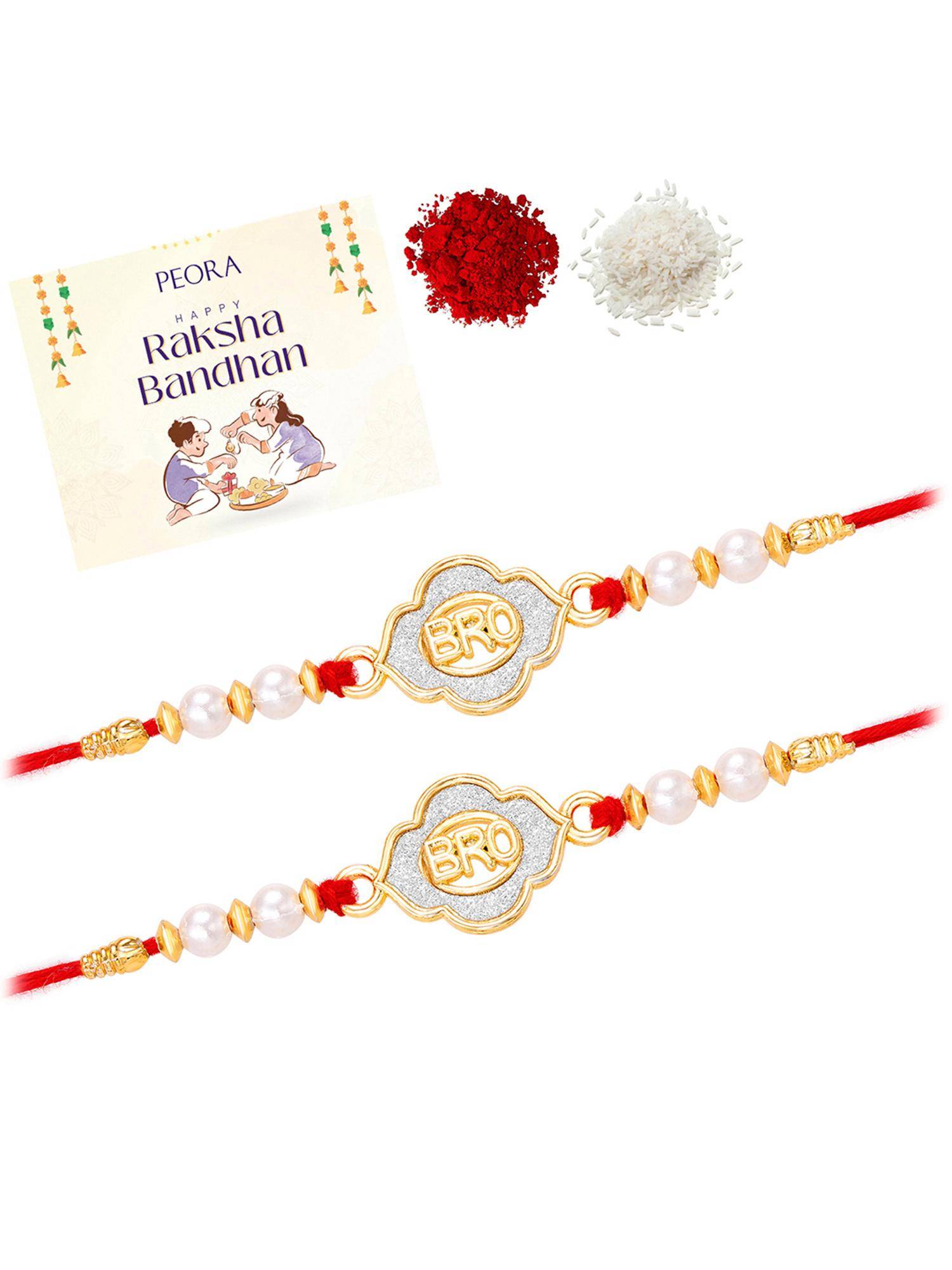 Peora Pearl Beaded Bro Designer Thread Rakhis for Brother with Roli Chawal and Greeting Card