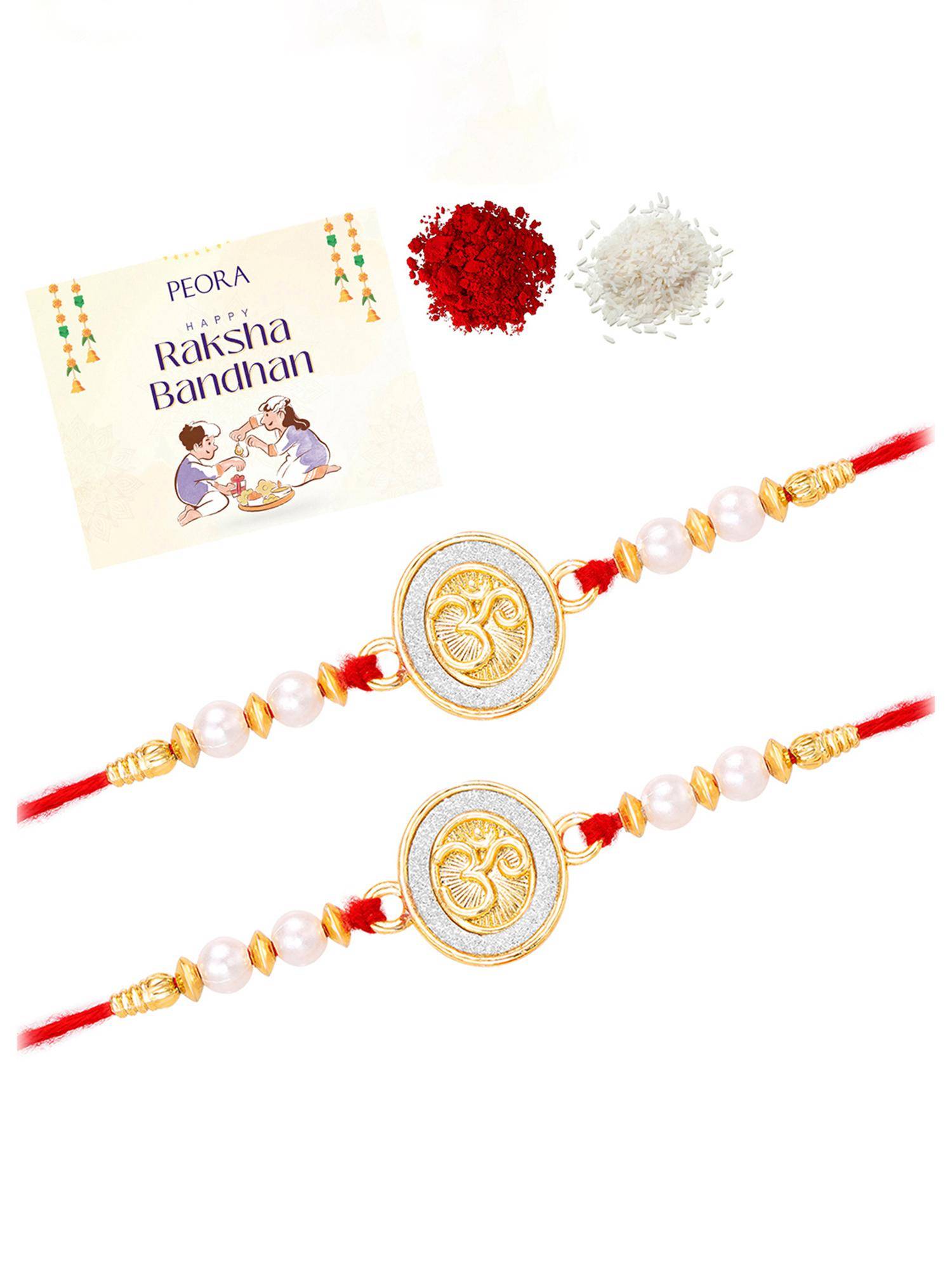 Peora Om Symbol Gold Tone Designer Thread Rakhis for Brother with Roli Chawal and Greeting Card