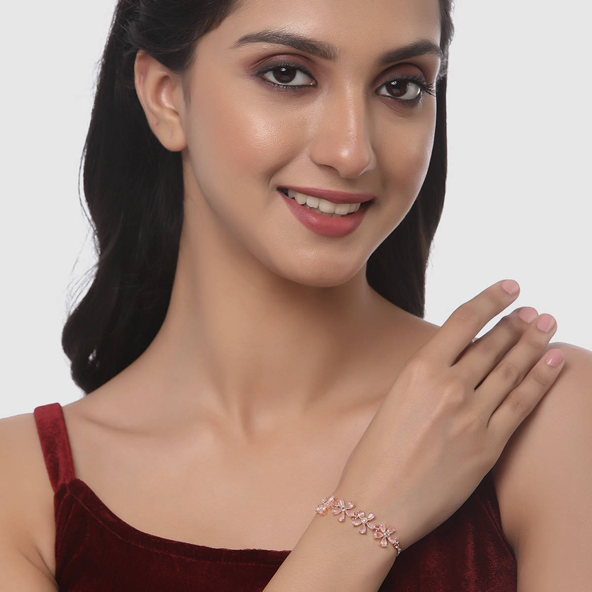 ZENEME Rose Gold-Plated Pink American Diamond Link Bracelet