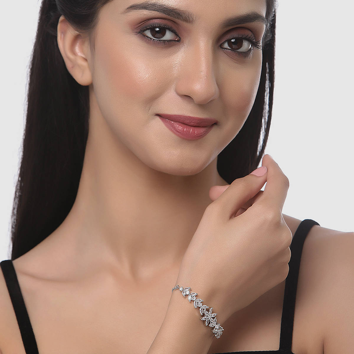 ZENEME Rhodium-Plated White American Diamond Adjustable Link Bracelet