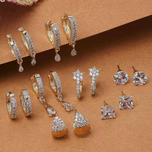 earring sets rectangle rhinestone earrings ZENEME White Contemporary Set Of White Stone Studded Geometric Earrings