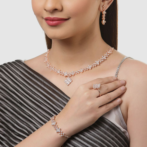 ZENEME Rose Gold-Plated White Ad Studded Jewellery Set