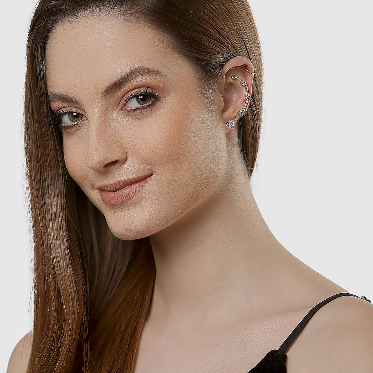 ZENEME Gold Plated Dual Toned Cz Stone Studded Heart Shaped Ear Cuffs
