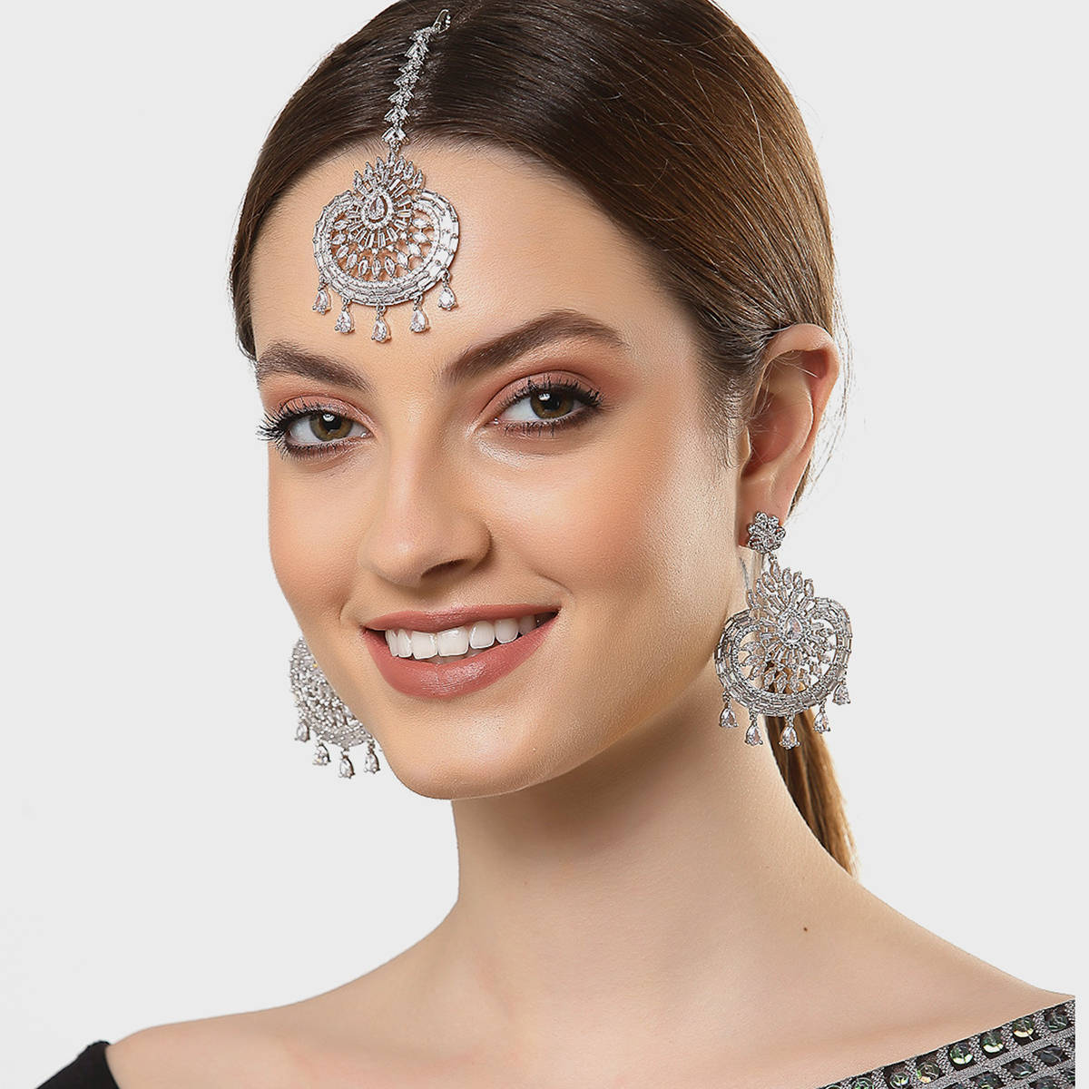 ZENEME Rhodium Plated Silver-Toned Round American Diamond Studded Maang Tikka & Earrings