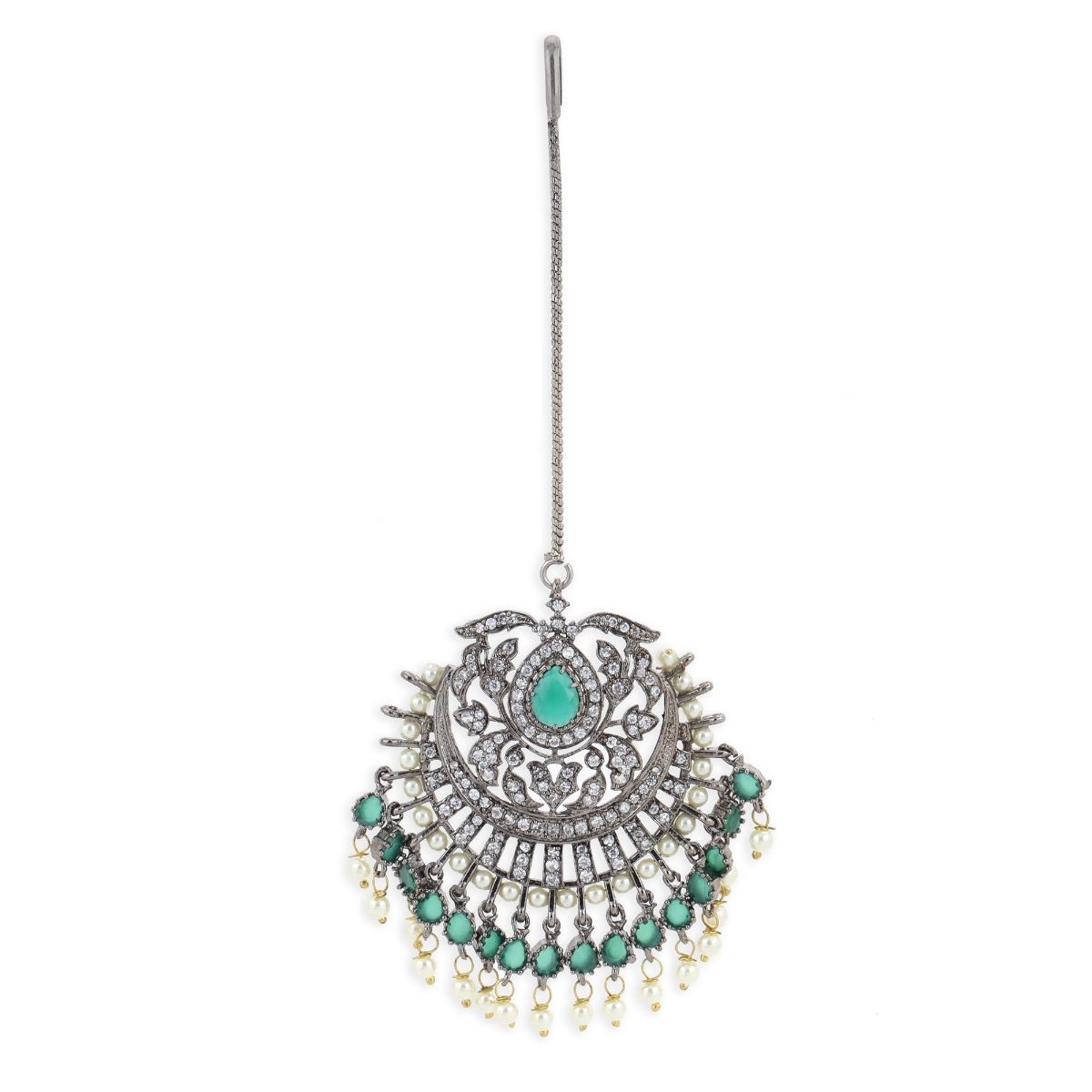 Buy Ritu Singh Green Stone and Diamond Pearl Maang Tikka Online