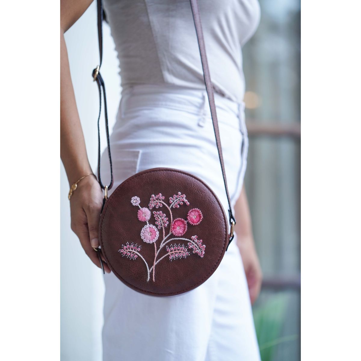 Miri Brown Hand Embroidered Allium Sling Bag