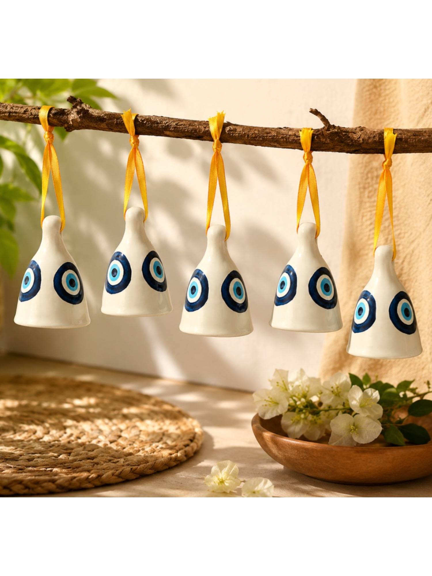 DULI Pack of 5 Protective Hand-Painted Evil Eye Ceramic Hanging Bells (Pack of 5)