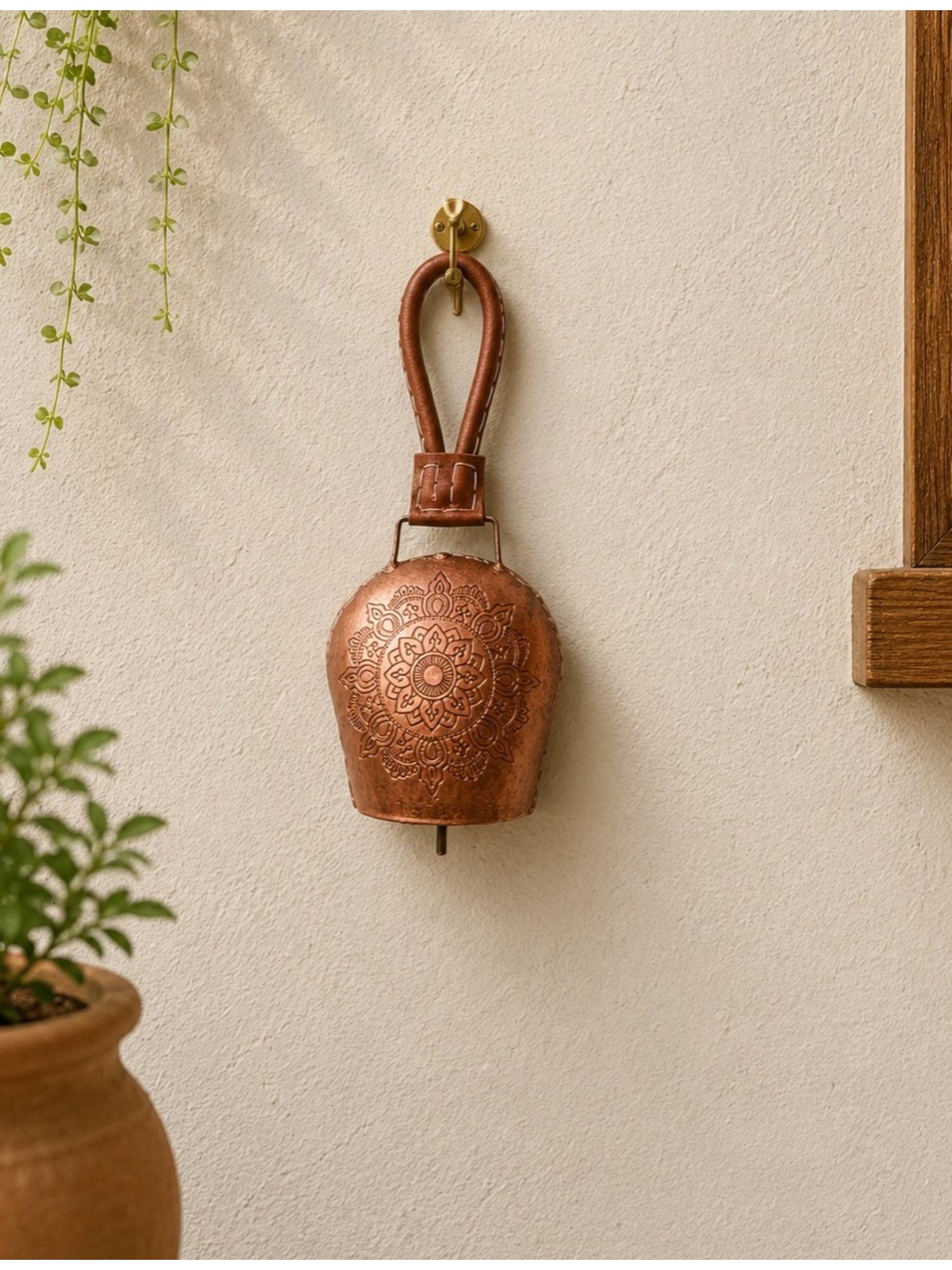 DULI Crafted Sunburst Mandala Engraved Vintage Copper Wall Hanging Bell Ornament