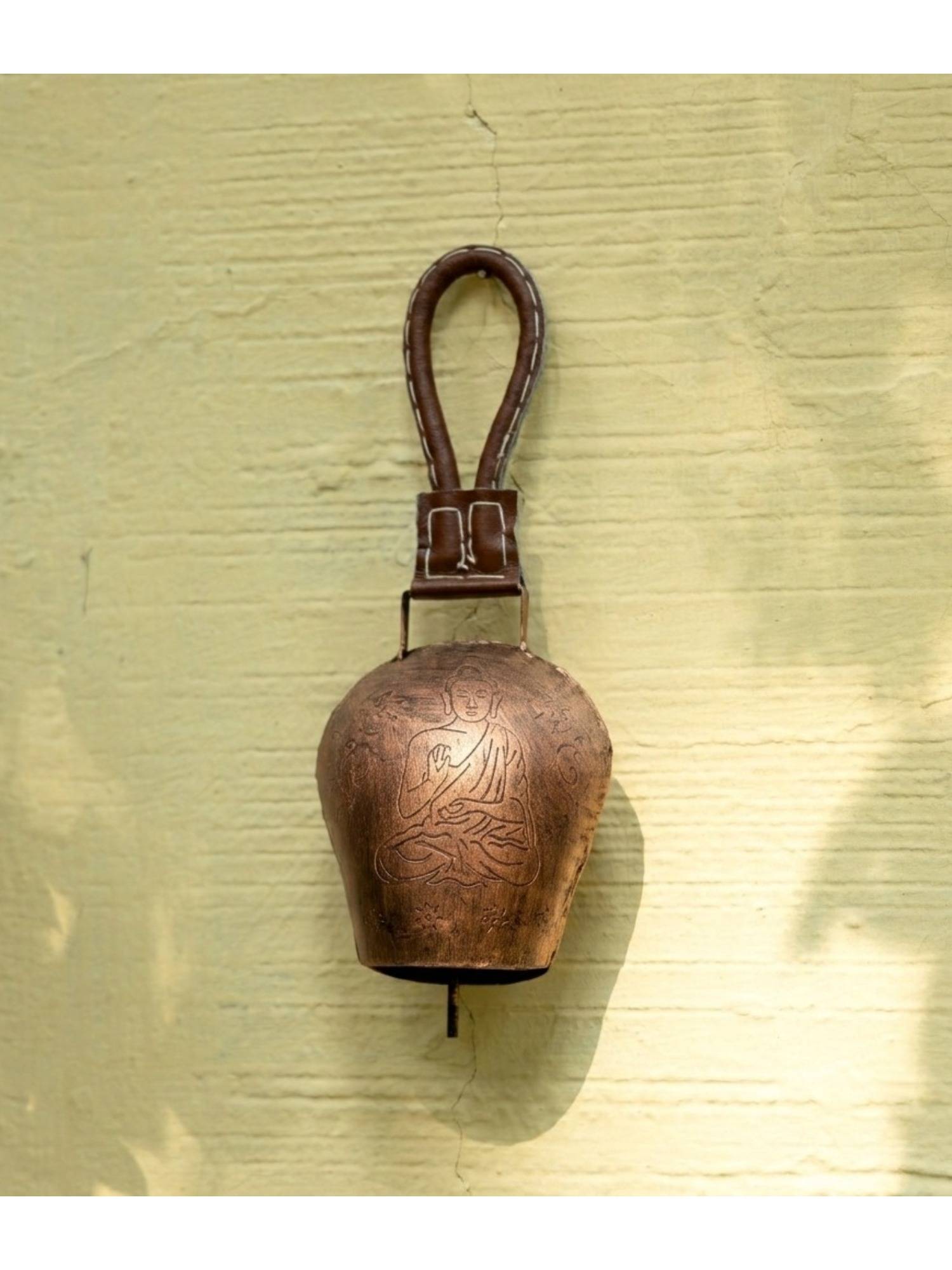 DULI Spiritual Meditating Buddha Antique Copper Metal Bell Wall Charm for Living Area