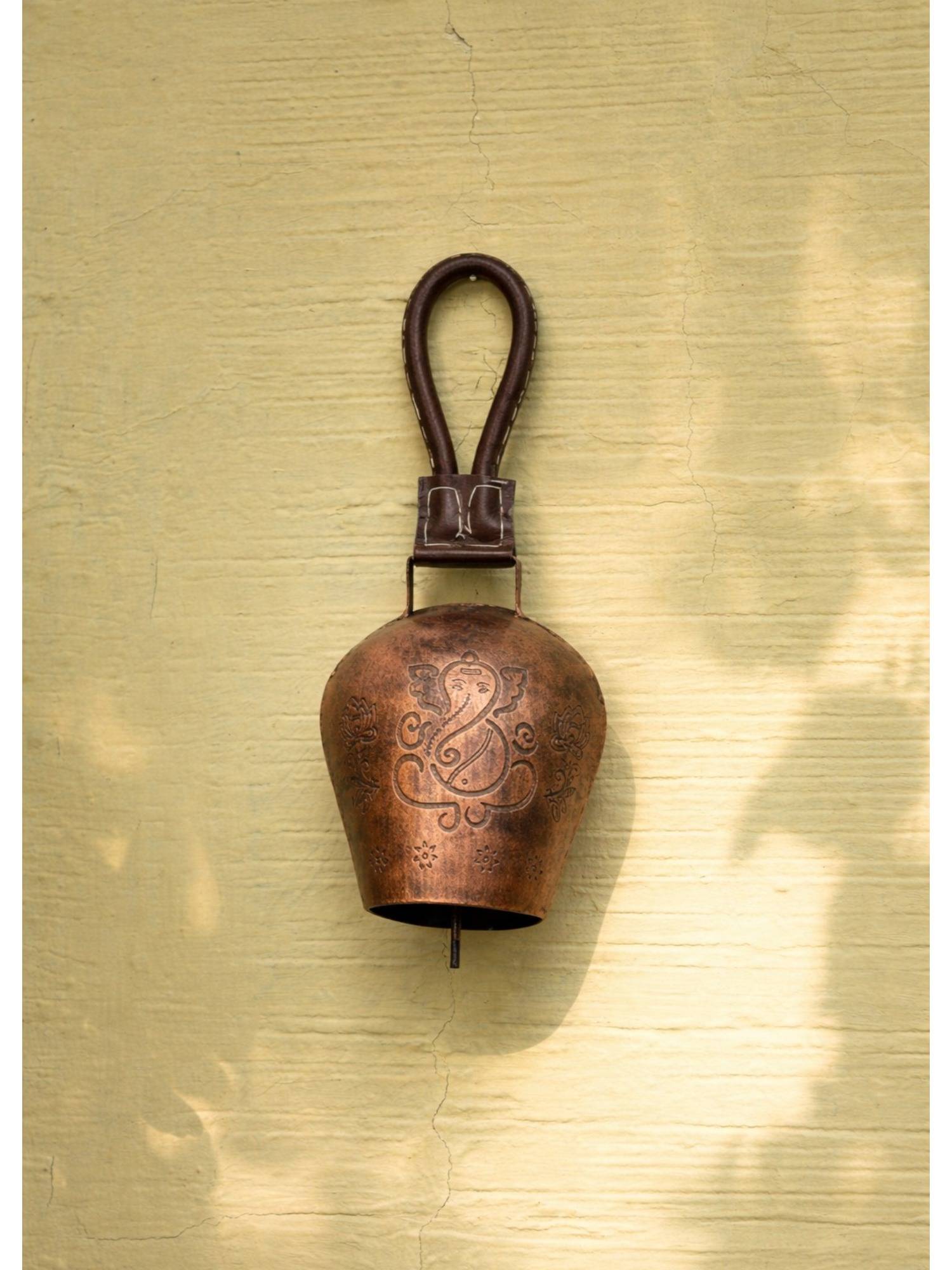 DULI Ganesha Antique Copper Finish Metal Bell Hanging Accent with Leatherette Strap