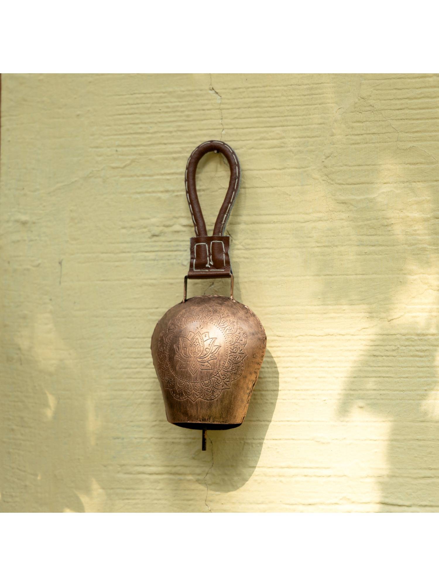 DULI Rustic Lotus Floral Mandala Copper Finish Metal Bell Hanging Accent with Strap