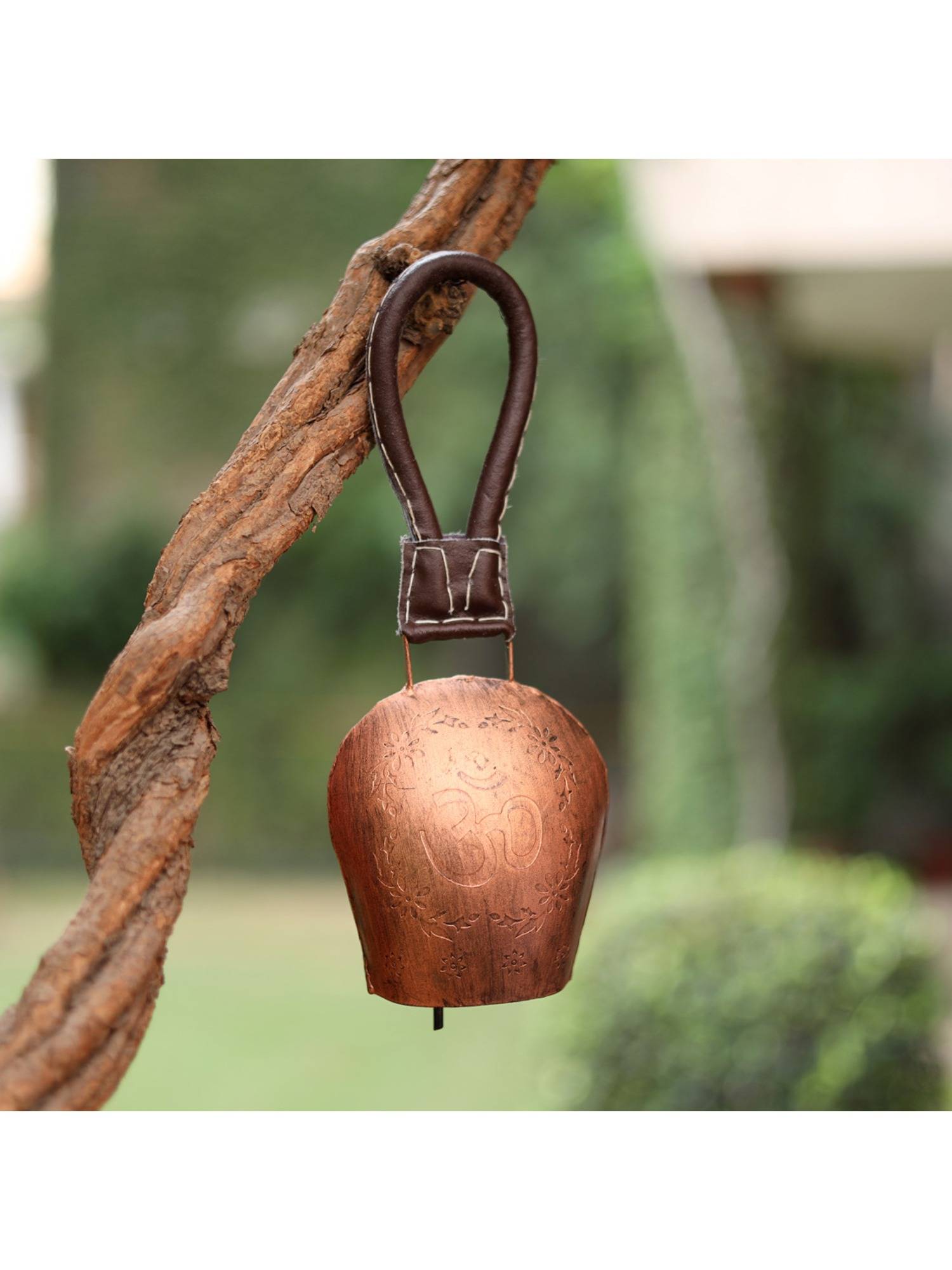 DULI Om Engraved Antique Copper Finish Metal Bell Hanging with Leatherette Strap