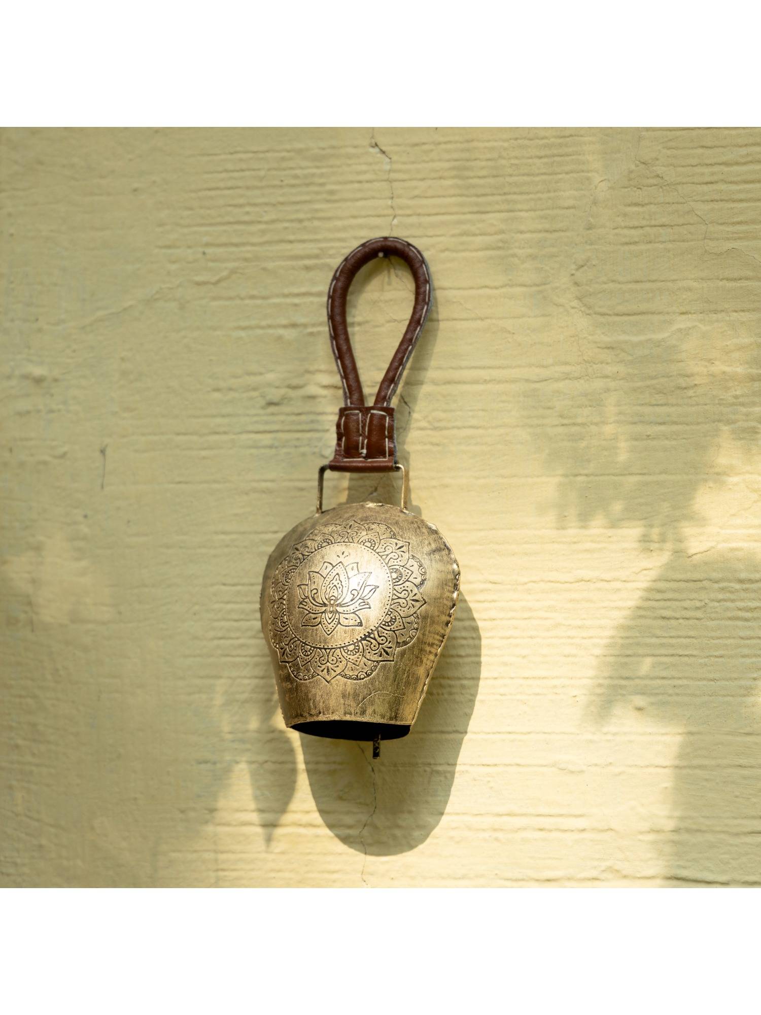DULI Lotus Mandala Etched Vintage Copper Metal Bell Wall Charm with Stitched Loop