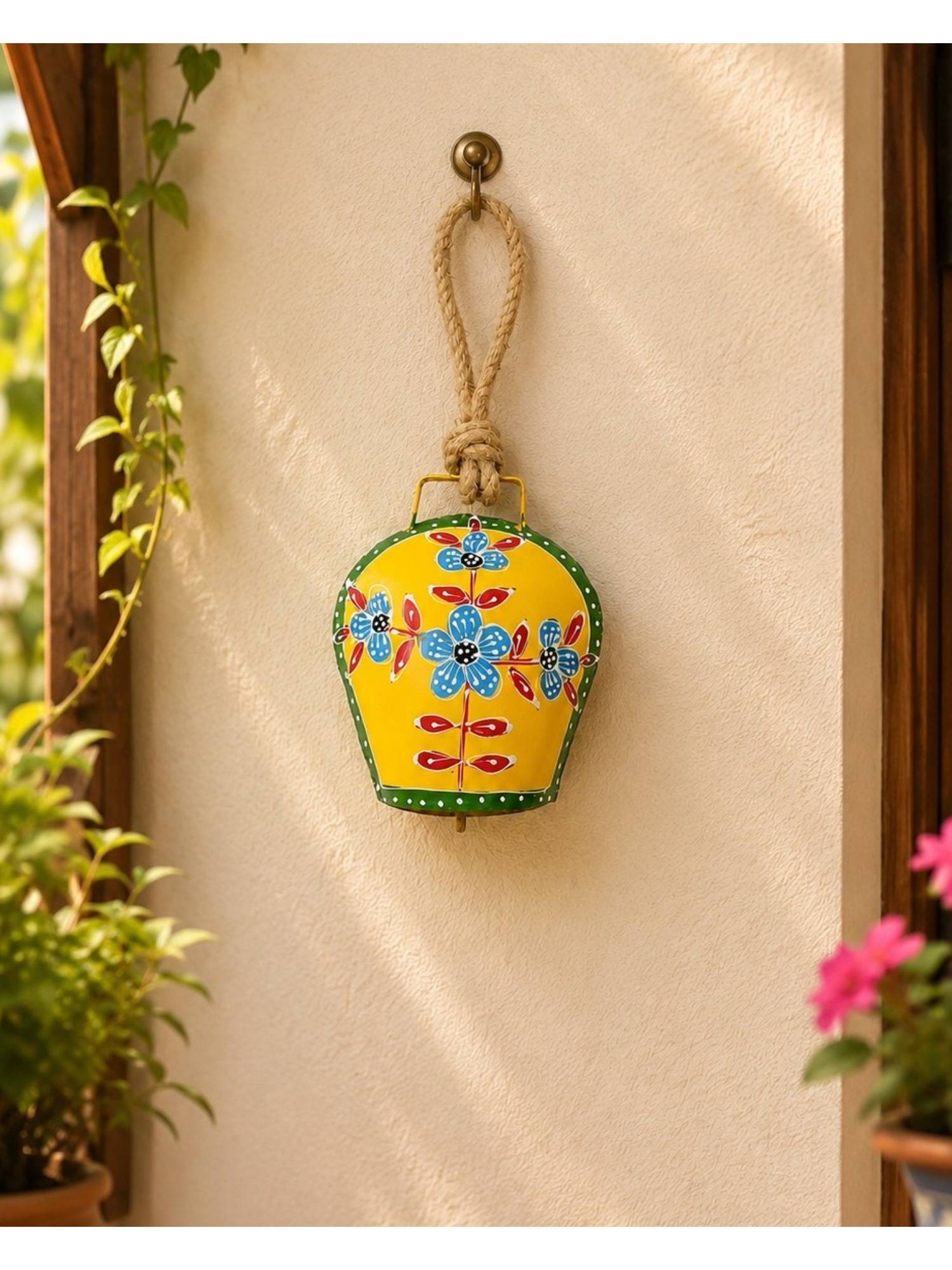 DULI Vivid Floral Hand-Painted Yellow Metal bell Wall Hanging with Jute Rope