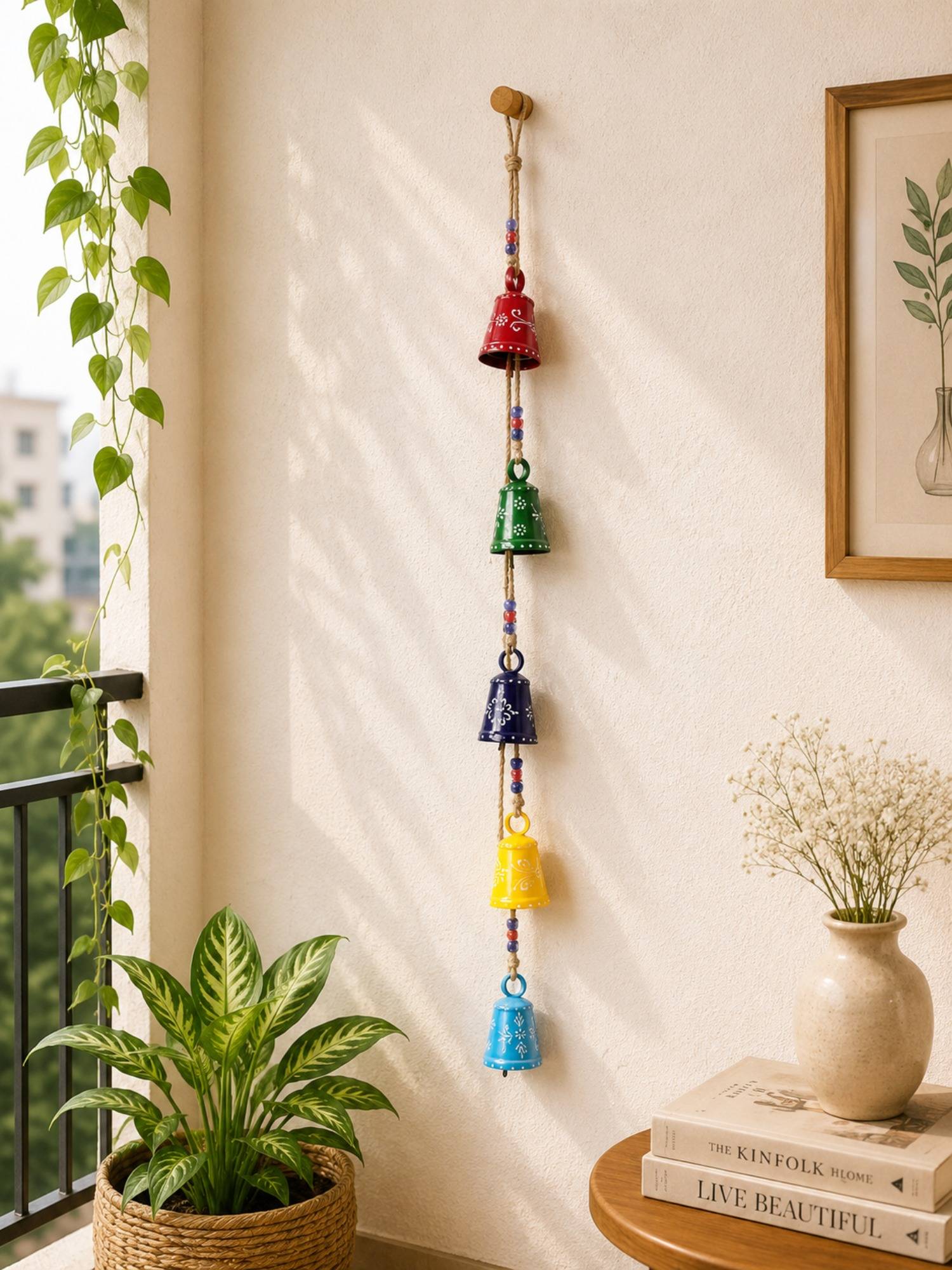 DULI Fine Crafted Chromatic Floral Hand-Painted Metal Hanging Bell Garland
