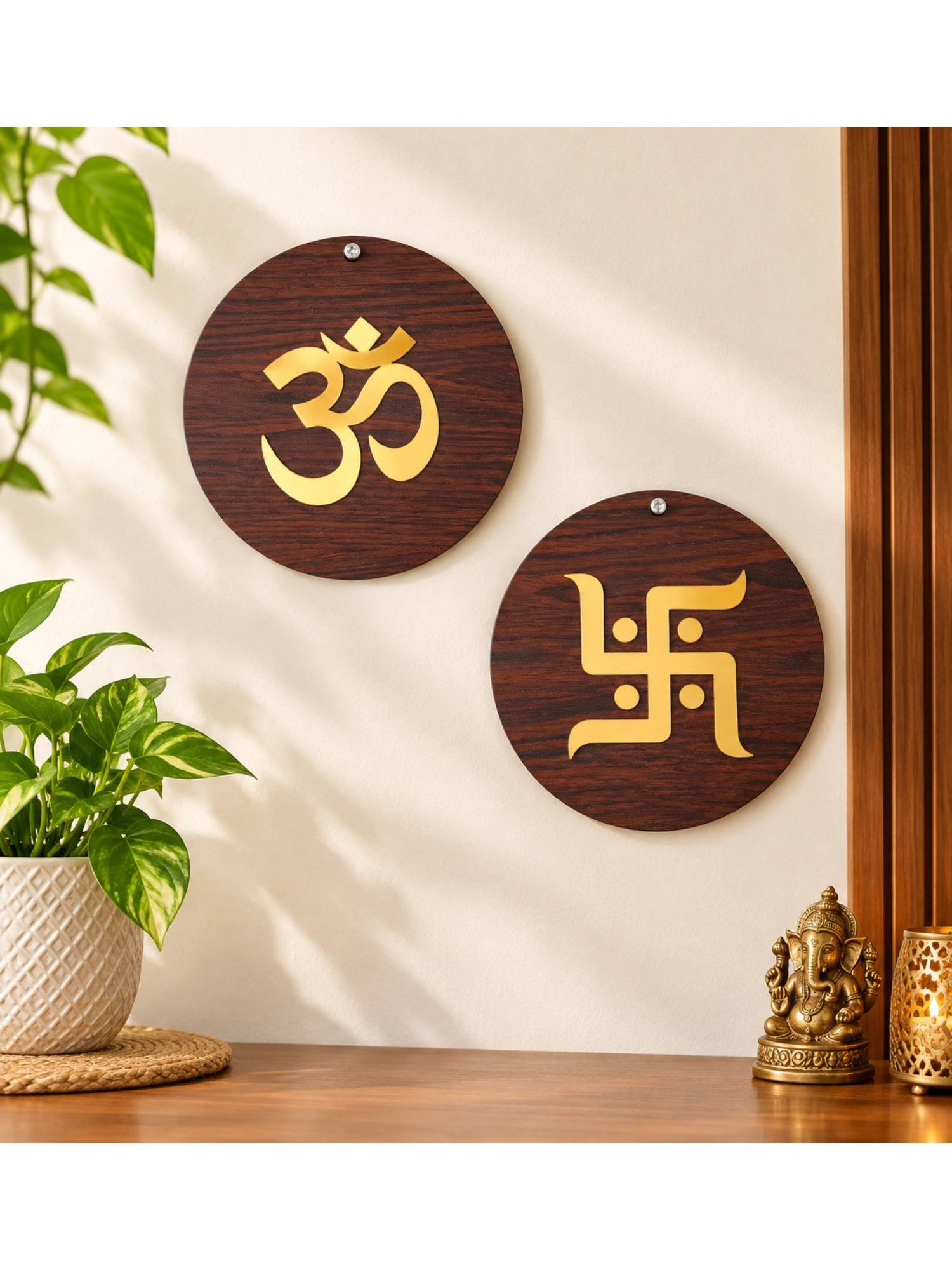 DULI Pack of 2 Traditional Om & Swastik Gold Cutout Wooden MDF Wall Hanging Accents (Pack of 2)
