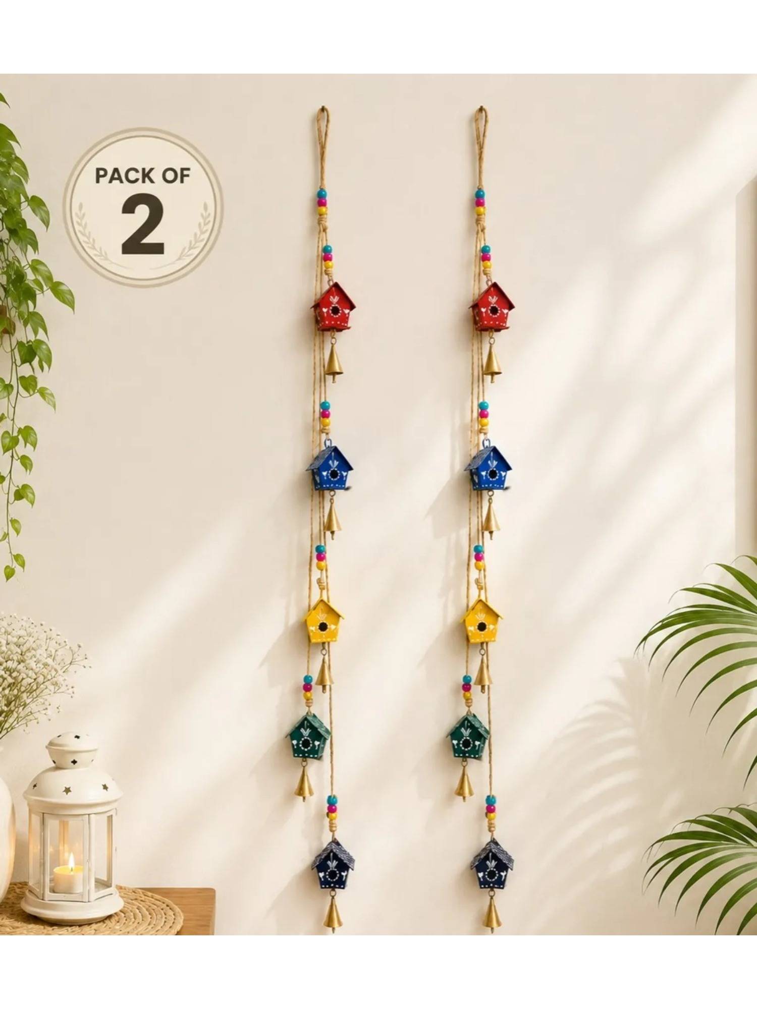 DULI Pack of 2 Vibrant Birdhouse Metal Hanging Chime Garland with Beads & Bells