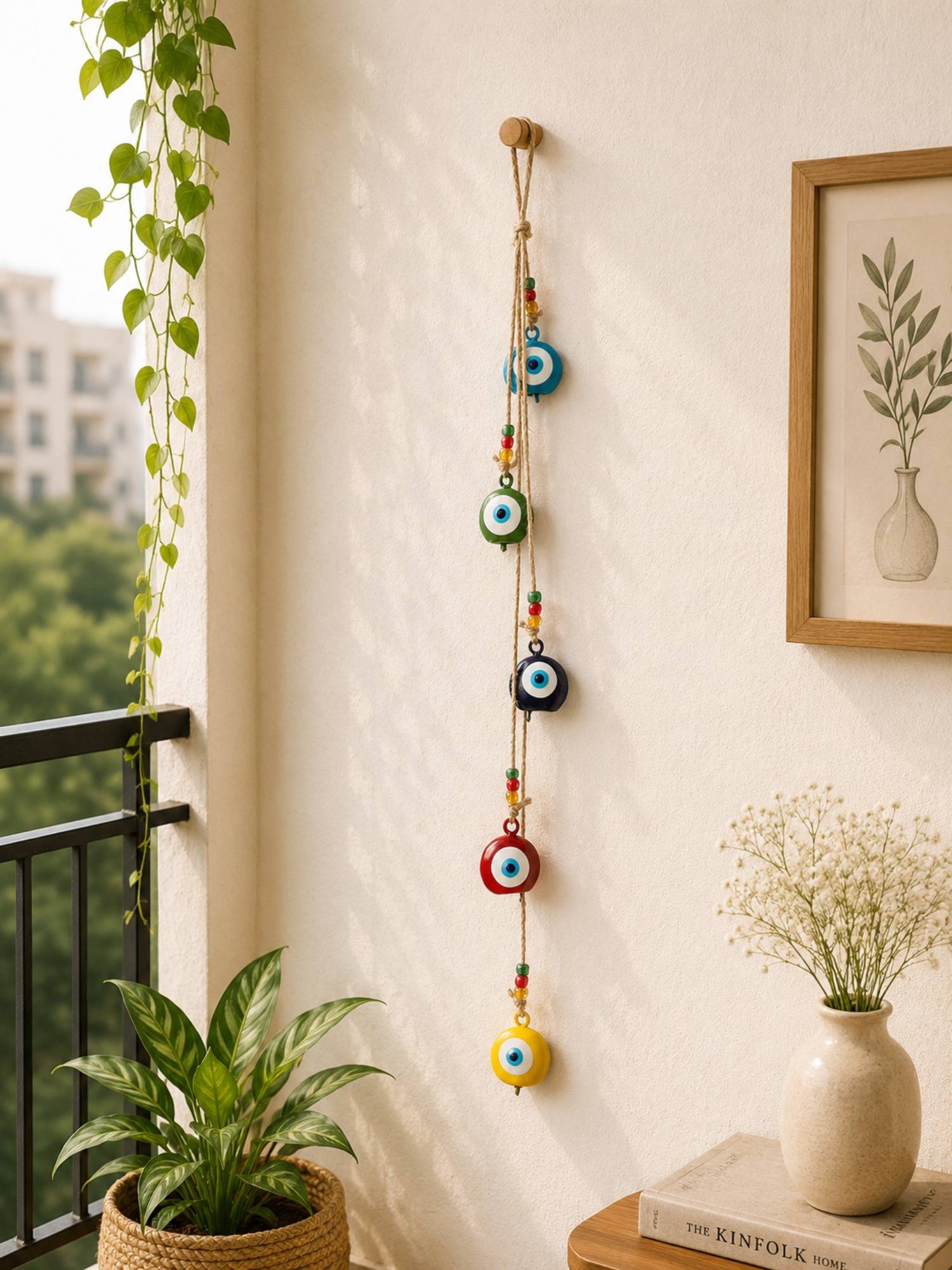 DULI Protective Evil Eye Metal Bell String Wall Hanging Charm with Jute Cord