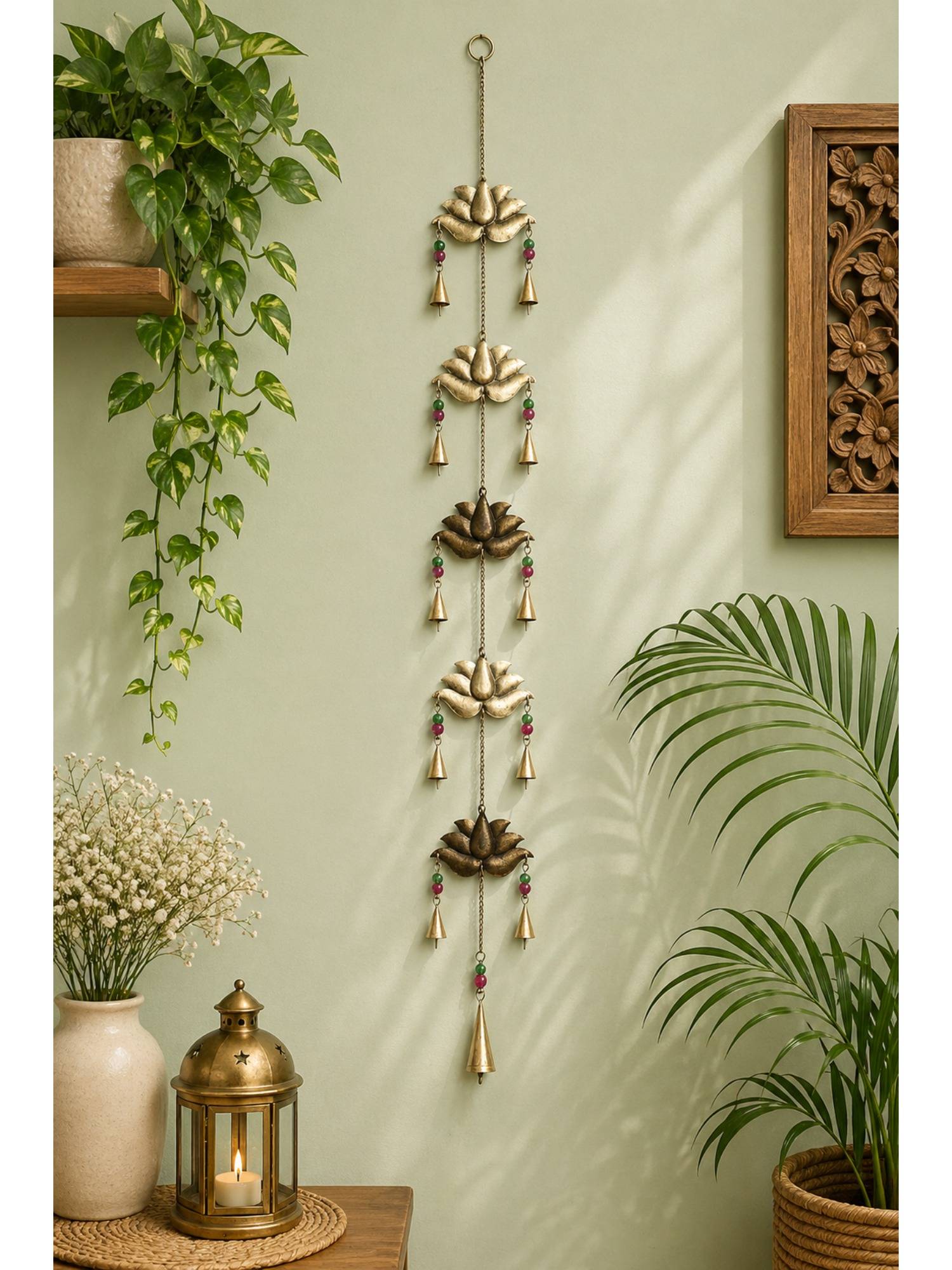 DULI Antique Gold Lotus Tiered Metal Wall Hanging String with Chime Bells