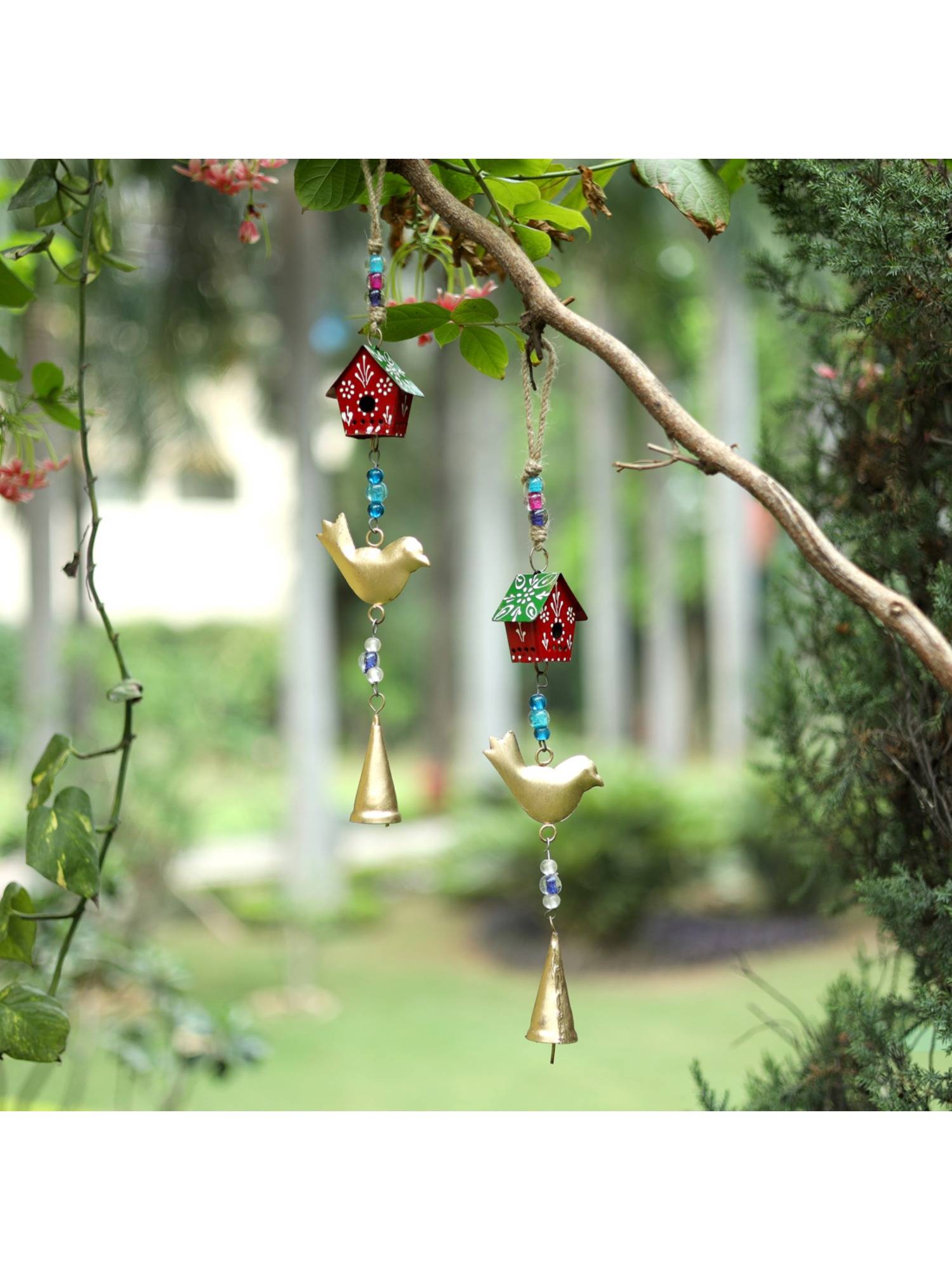 DULI Pack of 2 Handcrafted Red Birdhouse & Golden Bird Metal Wall Hanging (Pack of 2)