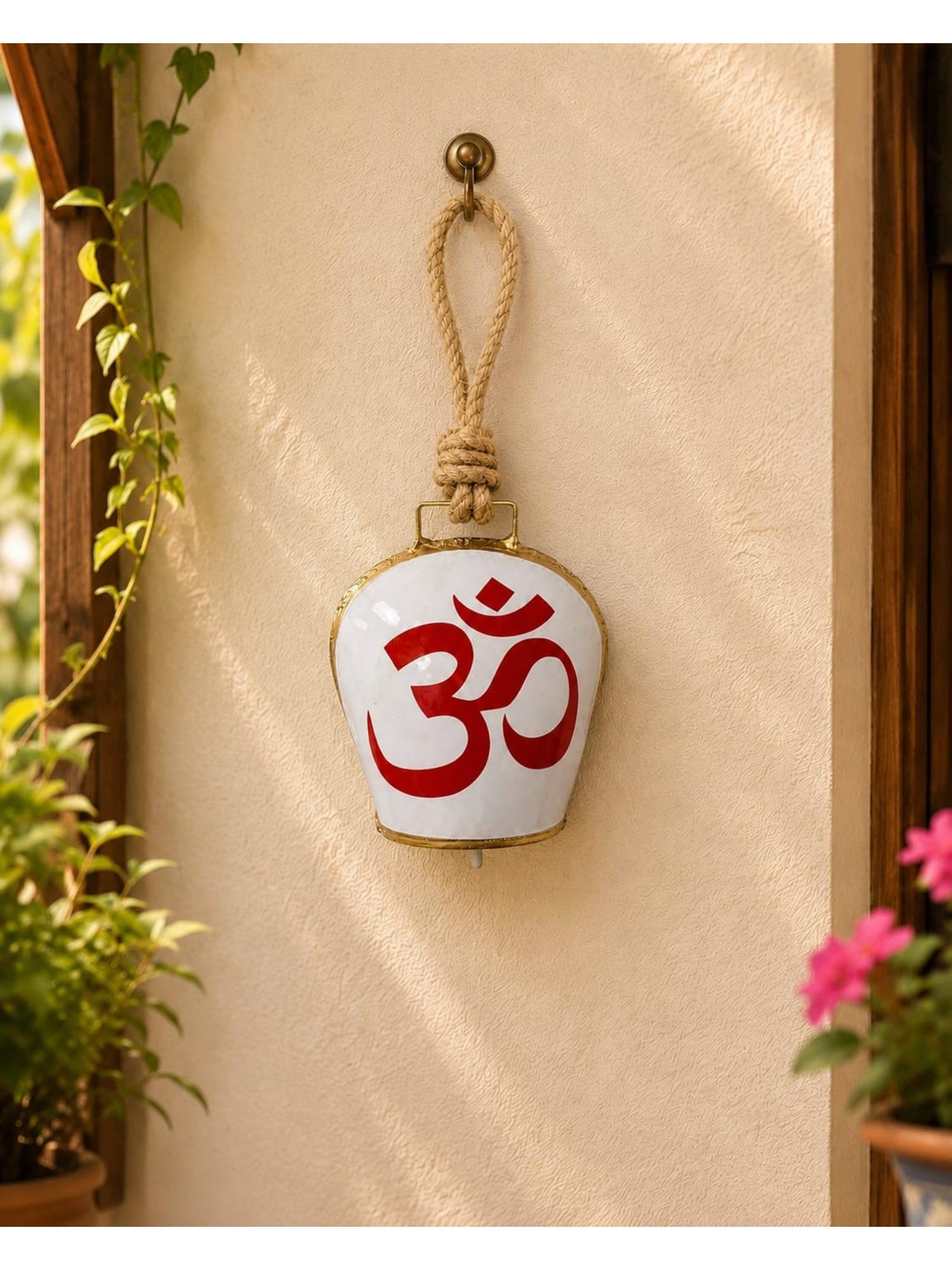 DULI Om Hand-Painted White & Red Metal Cowbell Wall Hanging Accent with Jute Rope