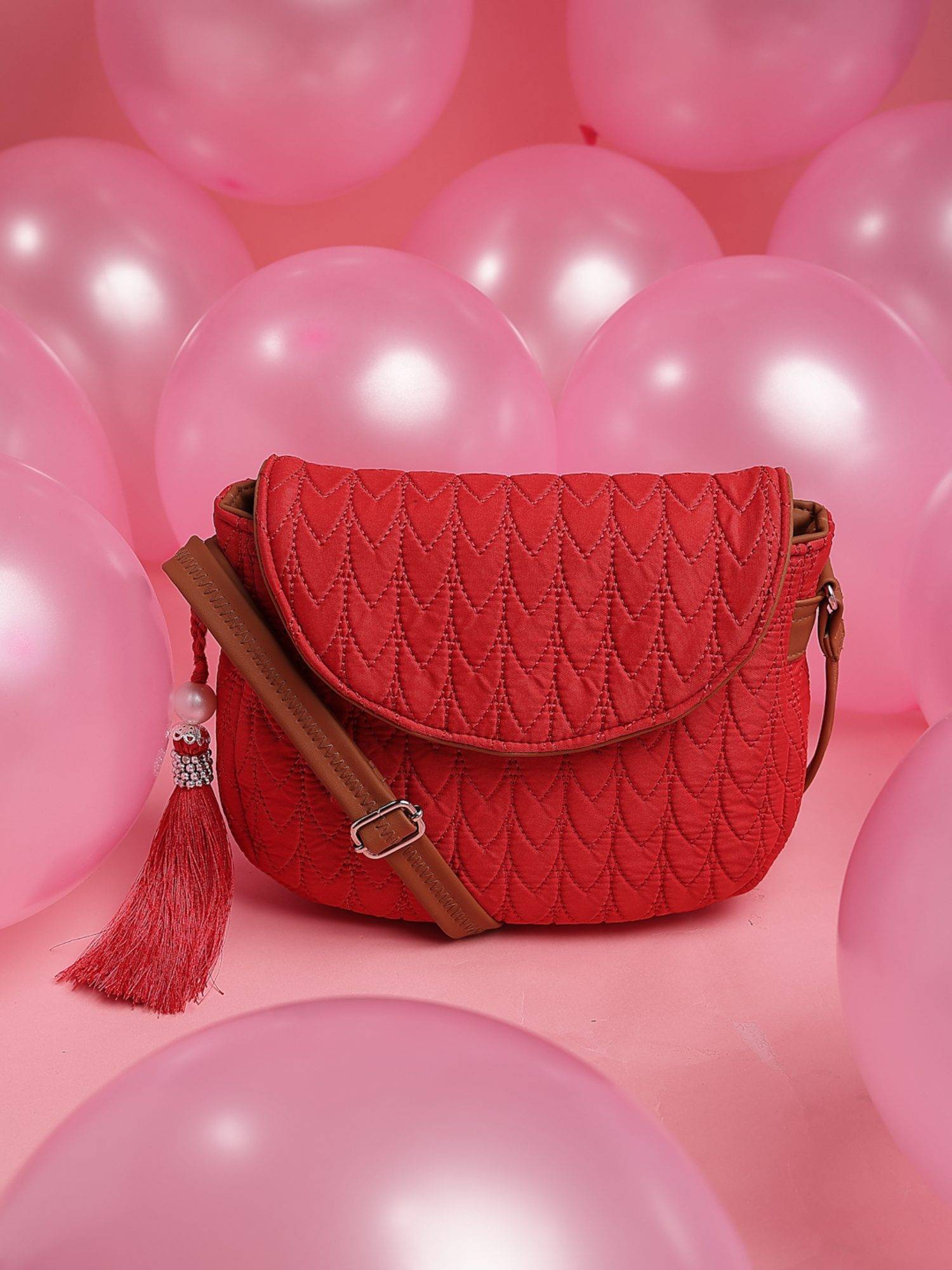 Anekaant Uno Valentine Red and Tan Polyester and Vegan Leather Chevron Quilted Sling Bag