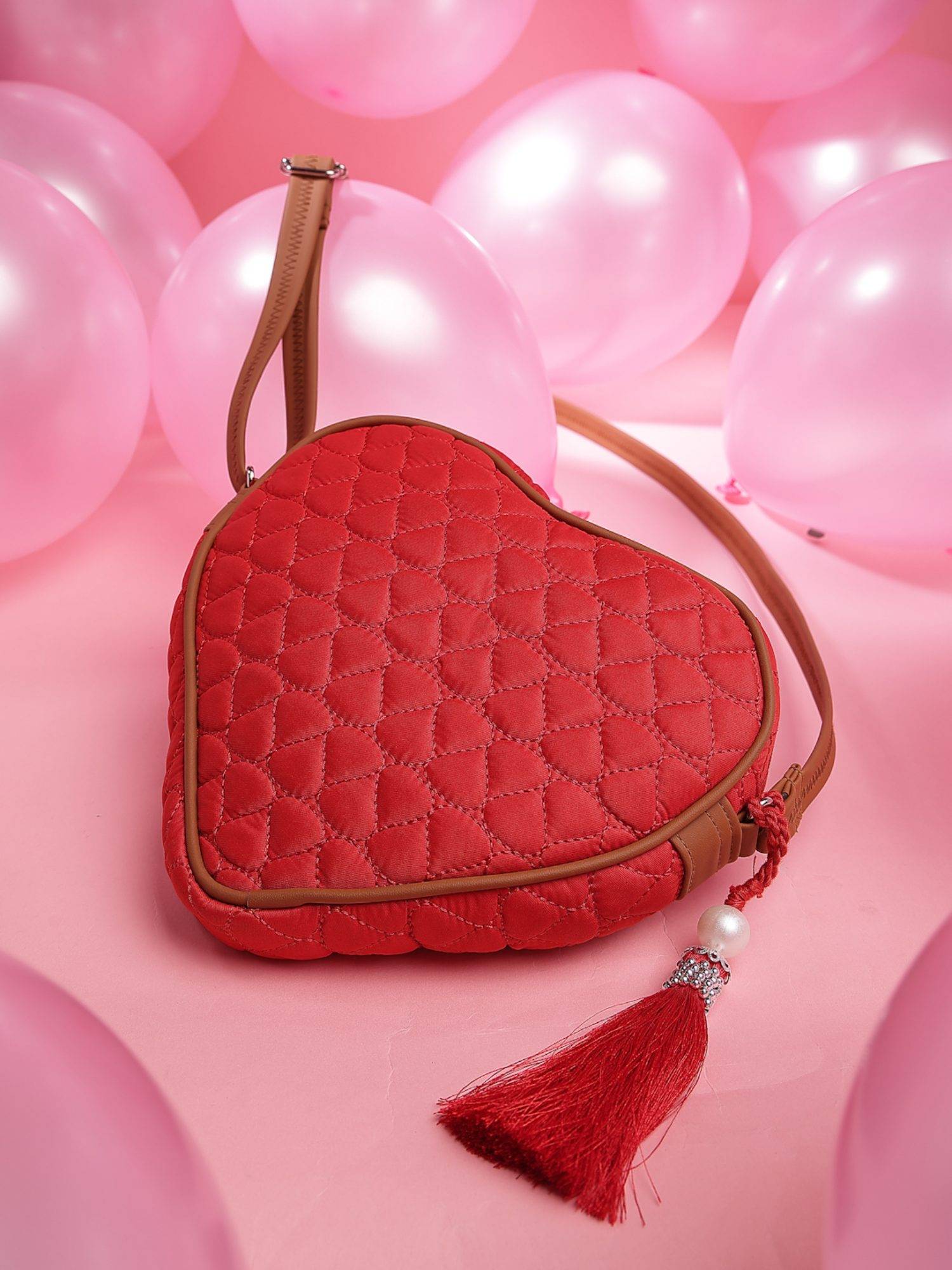 Anekaant Amour Valentine Red and Tan Polyester and Vegan Leather Chevron Quilted Sling Bag