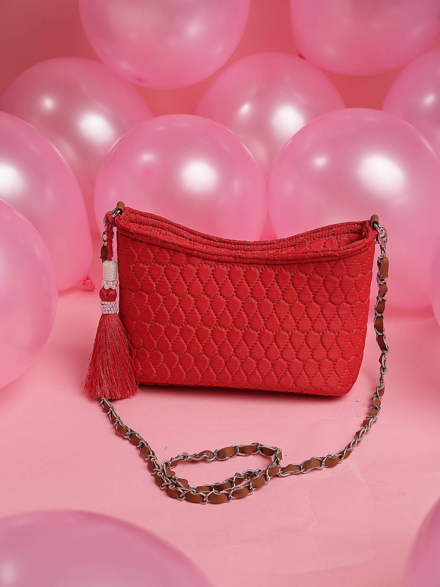 Anekaant Amour Valentine Red and Tan Polyester and Vegan Leather Chevron Quilted Sling Bag