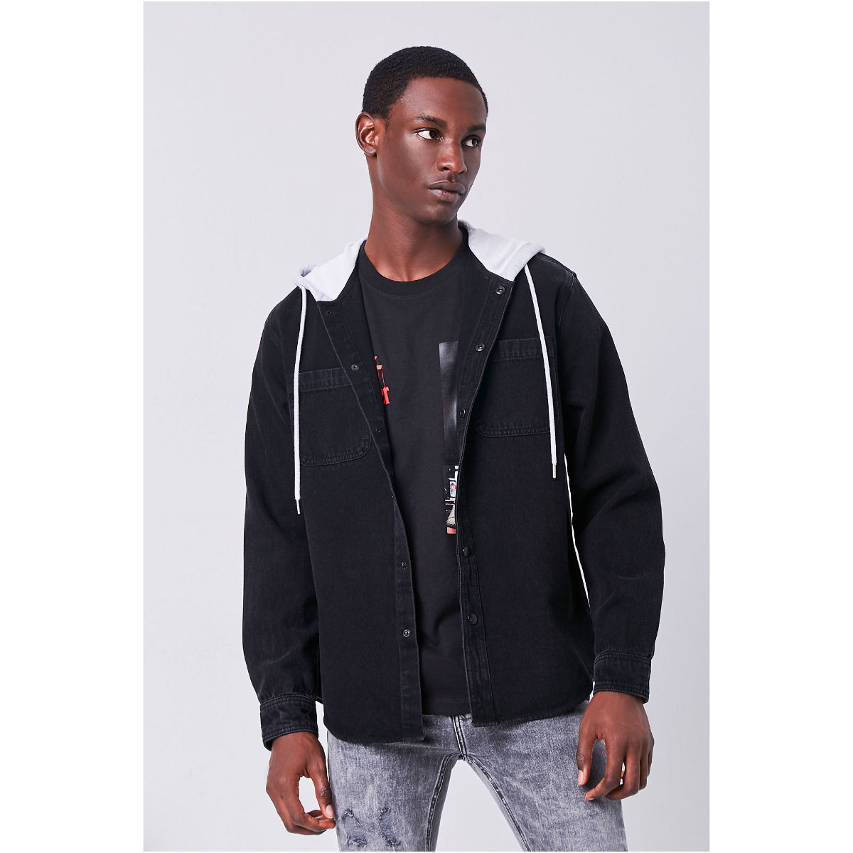 Buy Forever 21 Multi Solid Hooded Denim Jacket Online