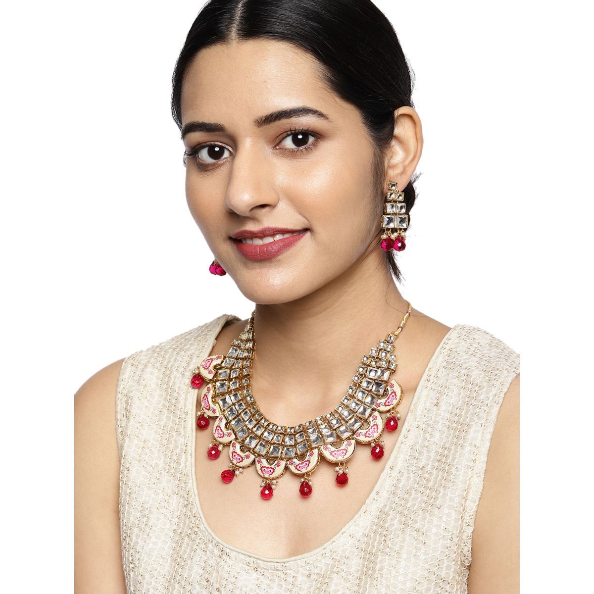 Buy Zaveri Pearls Pink Kundan And Beads Floral Choker Necklace And Earring