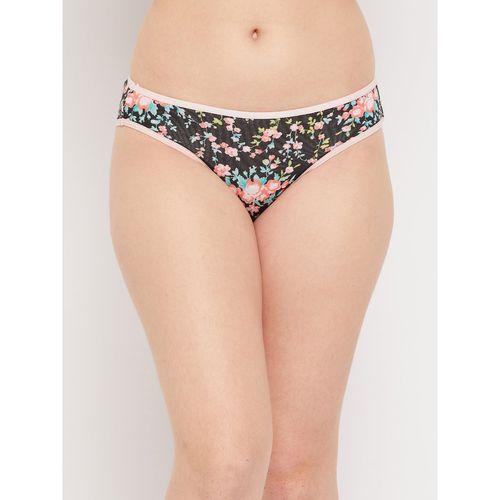 Buy Clovia Low Waist Floral Print Bikini Panty In Black Cotton Online