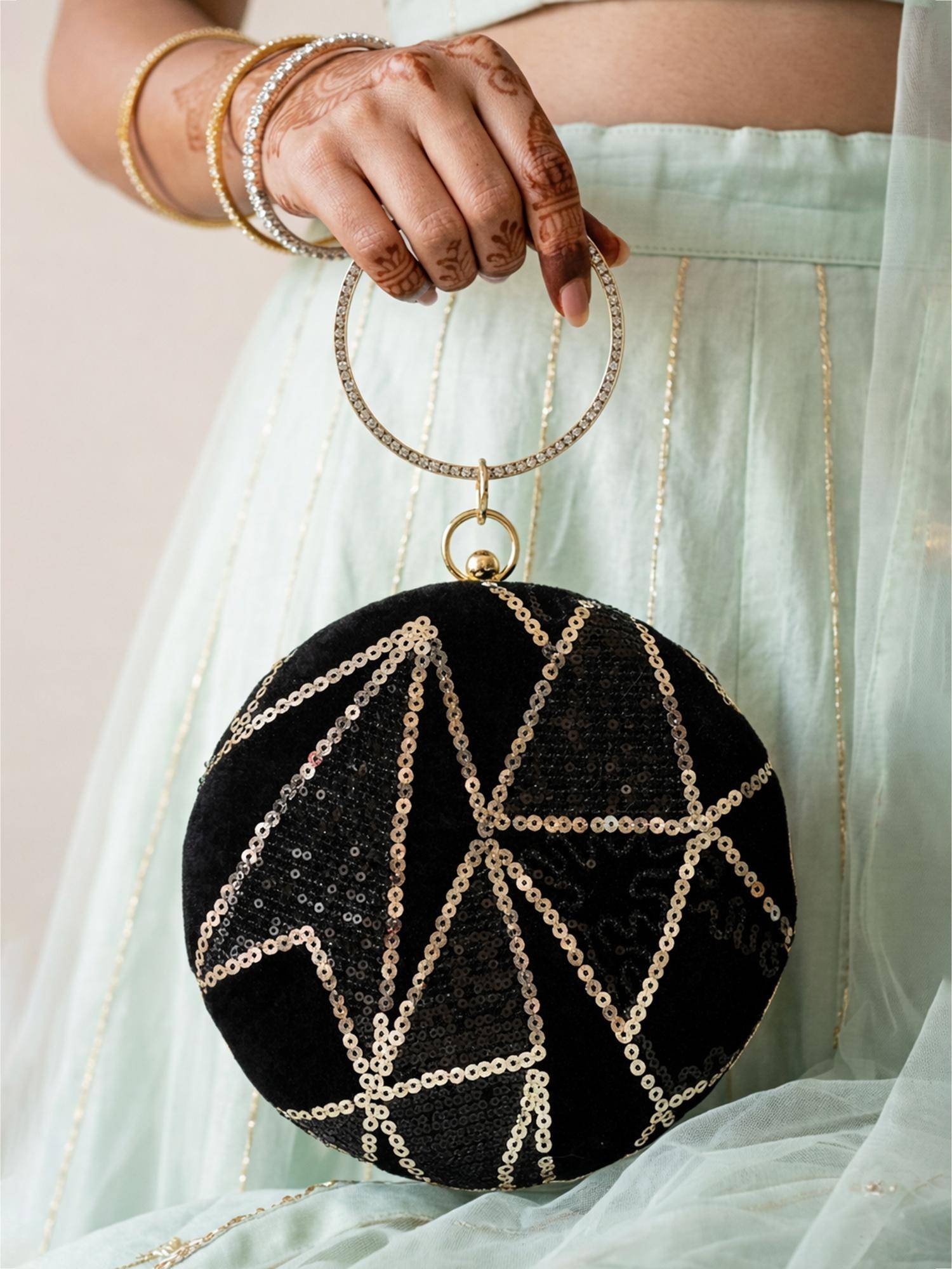 ARTKLIM Elegant Black Embroidery Clutch Bag for Women with Detachable Strap